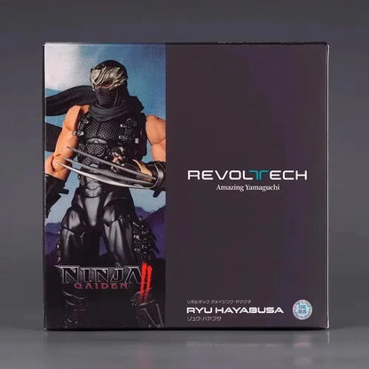 Black and silver scale articulated ninja gaiden ryu hayabusa action figure in original packaging by revoltech