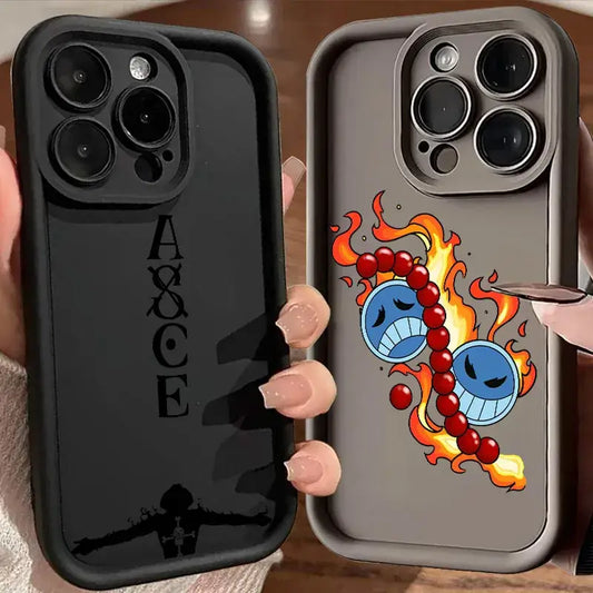 Black and gray one piece ace phone cases with fiery cartoon and silhouette designs made of soft silicone shockproof material