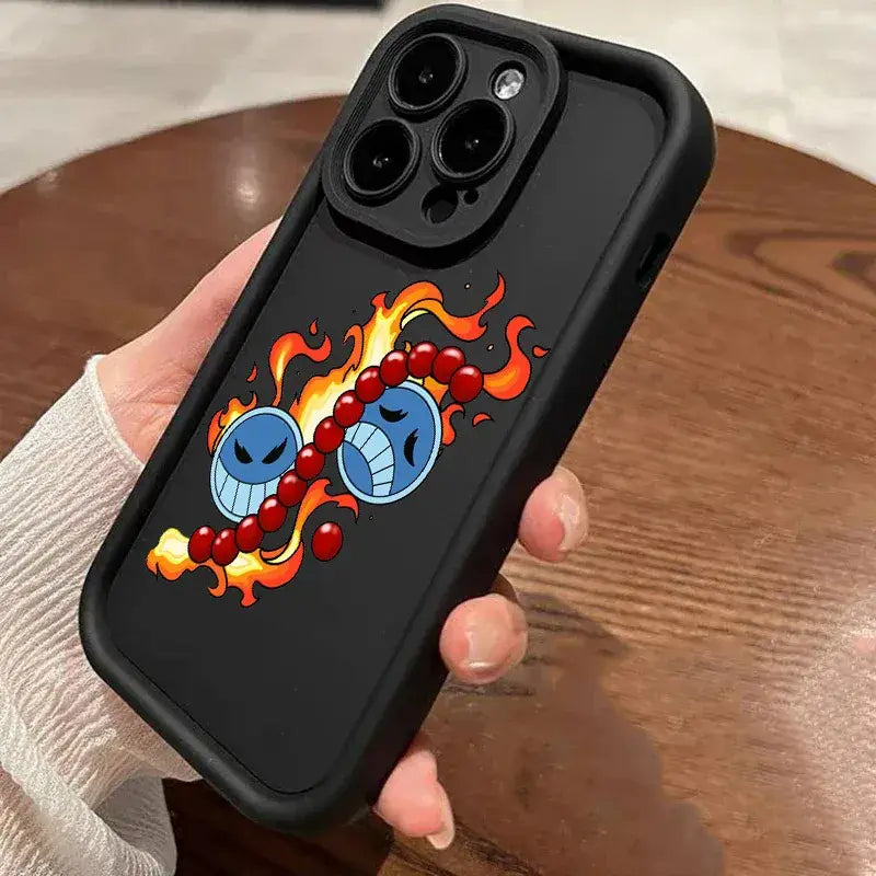 Black soft silicone one piece ace phone case showing back with vibrant blue faces angry expression design and flames