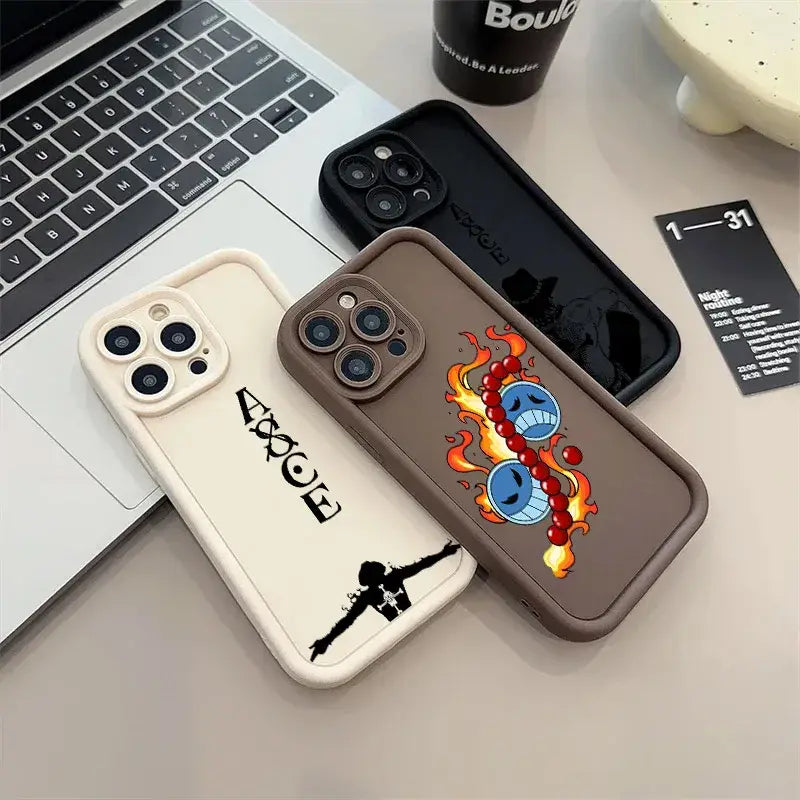 Brown soft silicone one piece ace phone case with vibrant flame design two blue smiling faces and red beads back side