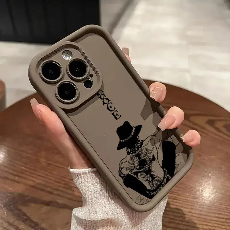 Matte gray soft silicone ace phone case featuring black ink-style one piece ace character on the back side