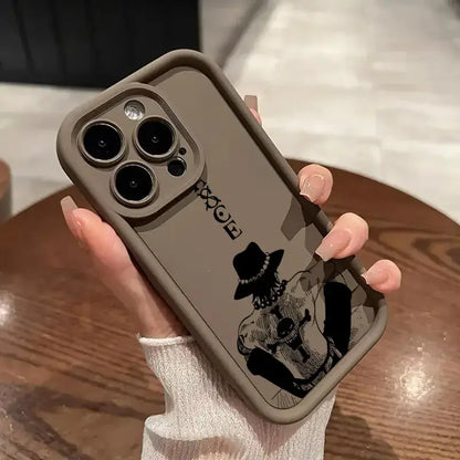 Matte gray soft silicone ace phone case featuring black ink-style one piece ace character on the back side
