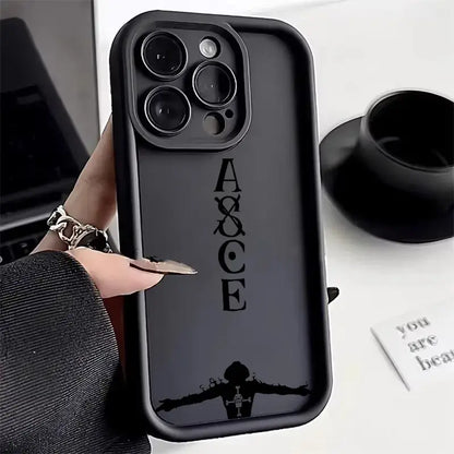 Black matte soft silicone piece ace phone case with vertical a&ce logo and anime character silhouette on back side