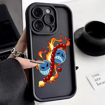 Black soft silicone one piece ace phone case back with vibrant blue cartoon faces orange flames and red beads design