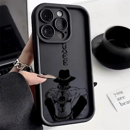 Black soft silicone one piece ace phone case showing back with detailed ace illustration and vertical a&ce text