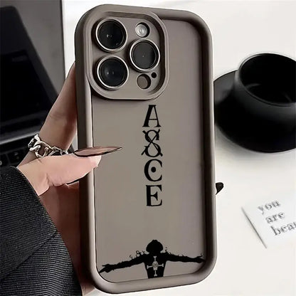 Back side of a sleek gray soft silicone one piece ace phone case with black a&ce logo and character illustration for iphone 13 pro max