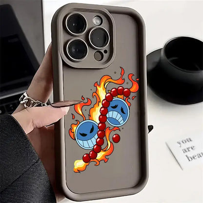 Back side of gray soft silicone one piece ace phone case with blue smiling faces cartoon and orange flames design
