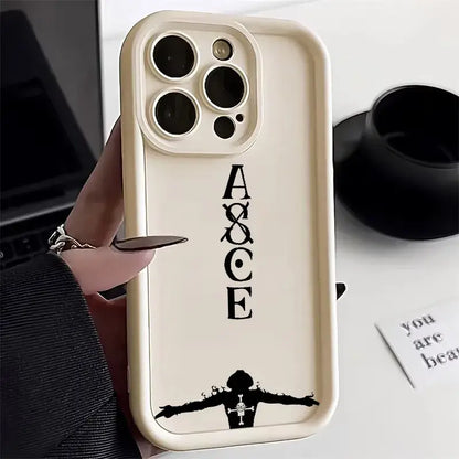 Cream-colored one piece ace phone case with black a&ce lettering and crossbones silhouette soft silicone shockproof back view