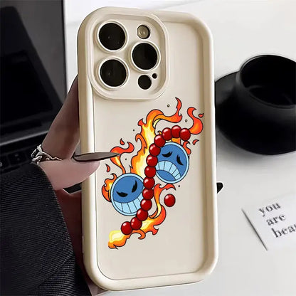 Cream-colored soft silicone one piece ace phone case with vibrant cartoon blue faces and orange flames on back side