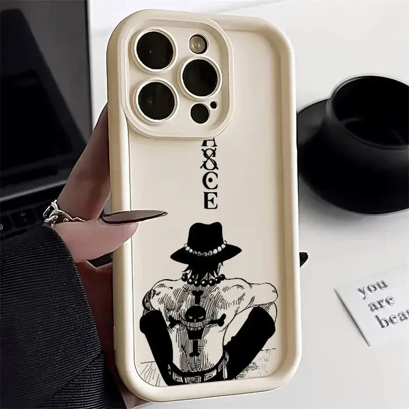 Cream-colored soft silicone ace phone case featuring black-and-white one piece ace illustration on the back side