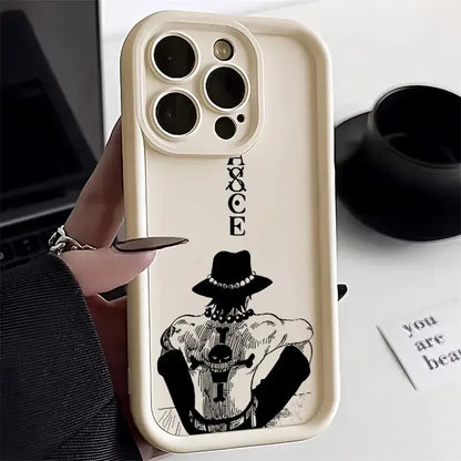 Cream-colored soft silicone ace phone case featuring black-and-white one piece ace illustration on the back side