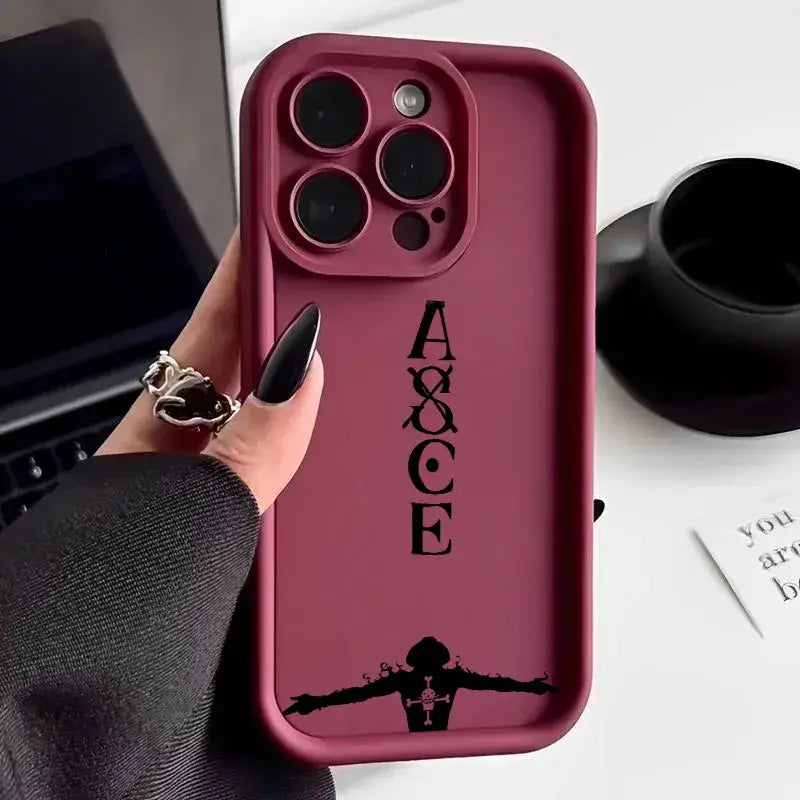 Matte burgundy soft silicone one piece ace phone case with black a&ce logo and anime character silhouette on back side