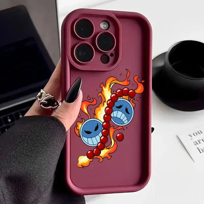 Back of maroon soft silicone one piece ace phone case with vibrant cartoon blue smiling faces surrounded by flames and beads