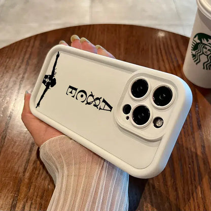 Back of a white soft silicone one piece ace phone case with black graphic design for iphone 13 pro camera cutout
