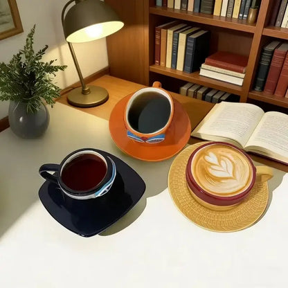 Three ceramic cup and saucer sets in orange, black, and red featuring unique patterns and a one piece chopper hat shape