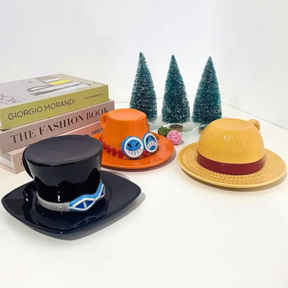 One piece chopper hat-shaped ceramic cup trio featuring colorful anime character hat designs perfect for saucer set use