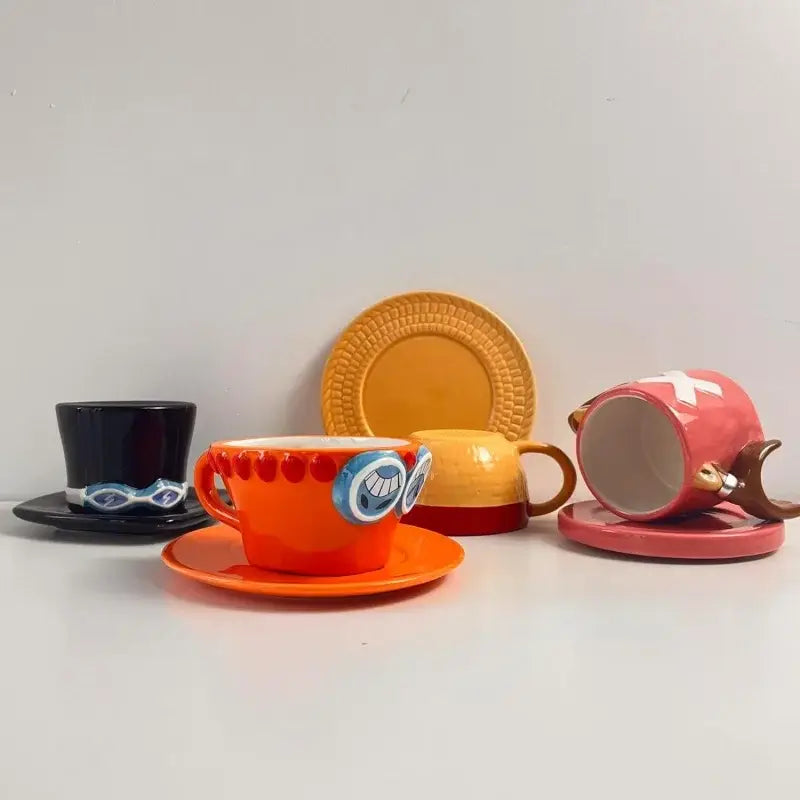 Vibrant orange ceramic cup with blue cartoon eyes and red dotted rim on a matching saucer set inspired by one piece chopper hat