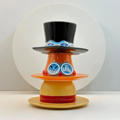 One piece chopper hat-shaped ceramic cup and saucer set with a colorful stacked figurine design and black top hat detail