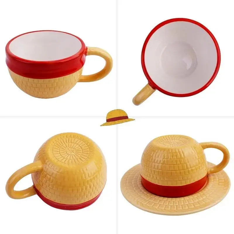 Yellow ceramic cup shaped like chopper straw hat with red trim and woven texture in one piece ceramic cup saucer set