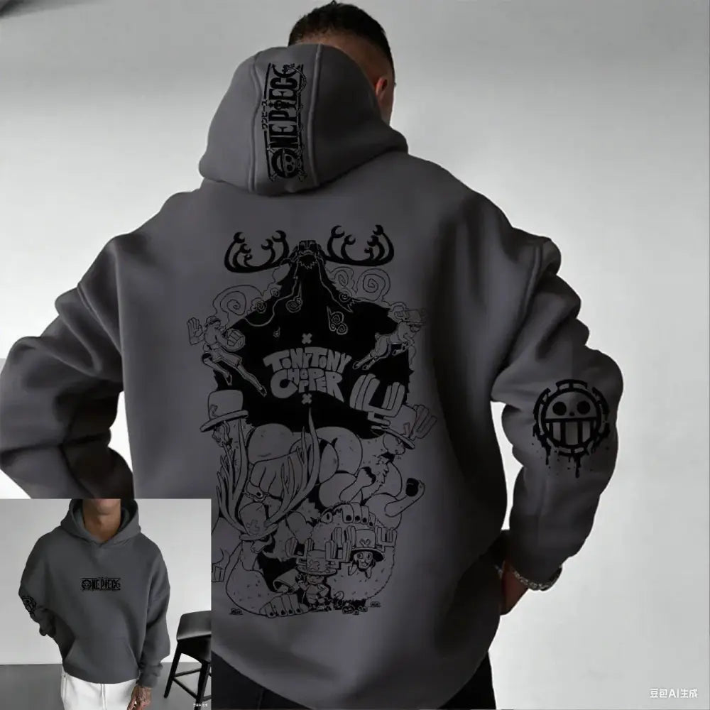 Gray one piece chopper oversized hoodie with black graphic print and one piece logo on hood made of composite fabric