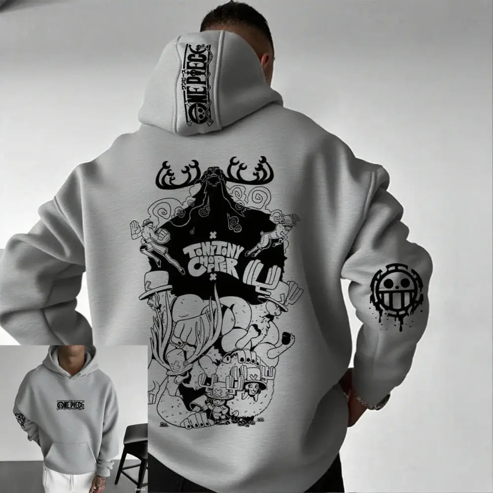 Gray one piece chopper oversized hoodie with black graphic print and straw hat pirates logo on composite fabric hood