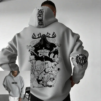 Gray one piece chopper oversized hoodie with black graphic print and straw hat pirates logo on composite fabric hood