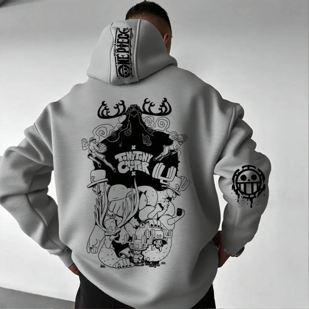 Gray one piece chopper oversized hoodie with black graphic print on composite fabric and matching skull logo on sleeve