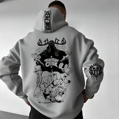 Gray one piece chopper oversized hoodie with black graphic print on composite fabric and matching skull logo on sleeve