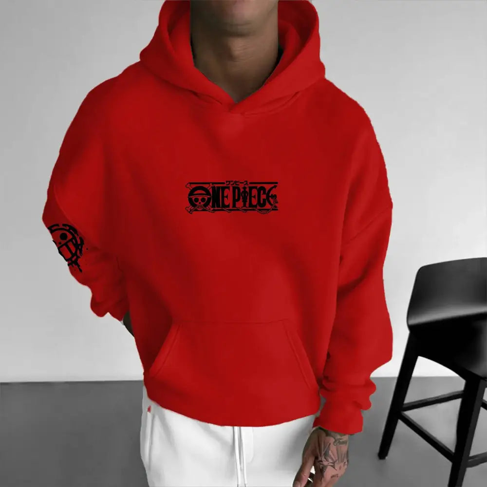 Red one piece chopper oversized hoodie with black embroidered graphic print on composite fabric and sleeve design