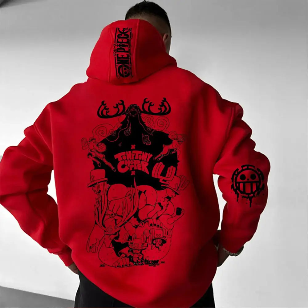 Red one piece chopper oversized hoodie with black graphic print and straw hat pirates logo on composite fabric