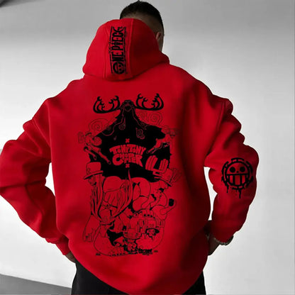 Red one piece chopper oversized hoodie with black graphic print and straw hat pirates logo on composite fabric