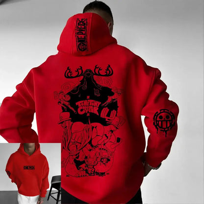 Red one piece chopper oversized hoodie with black graphic print of straw hat pirates on composite fabric
