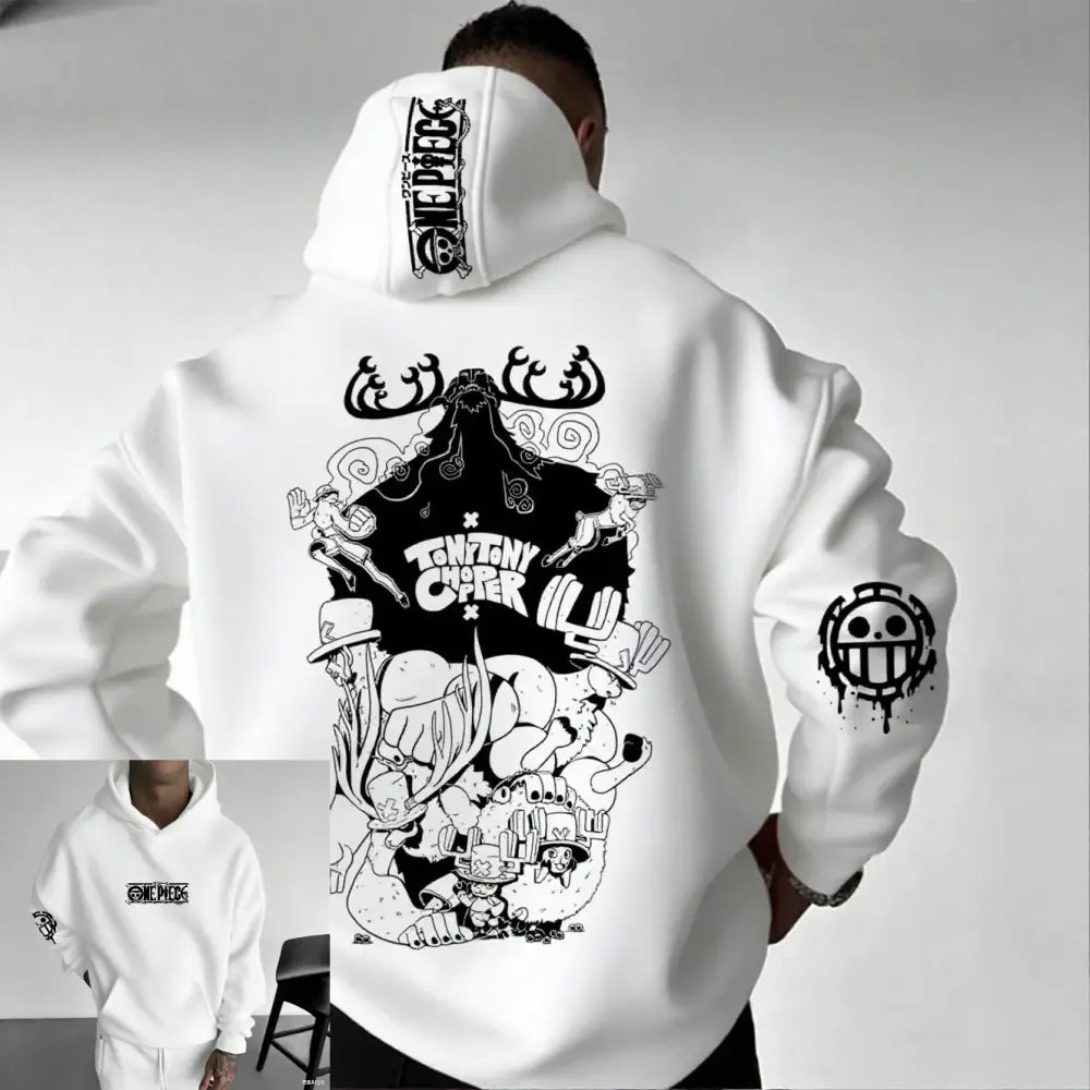 White one piece chopper oversized hoodie with bold black graphic print on composite fabric and straw hat pirates logo on hood
