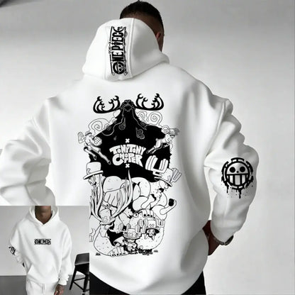 White one piece chopper oversized hoodie with bold black graphic print on composite fabric and straw hat pirates logo on hood