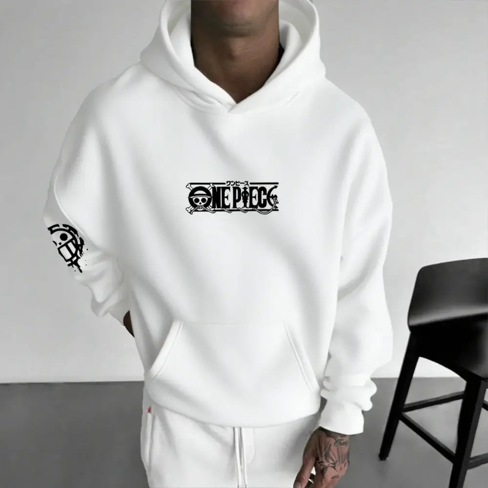 White one piece chopper oversized hoodie with black graphic print embroidery on sleeves in composite fabric