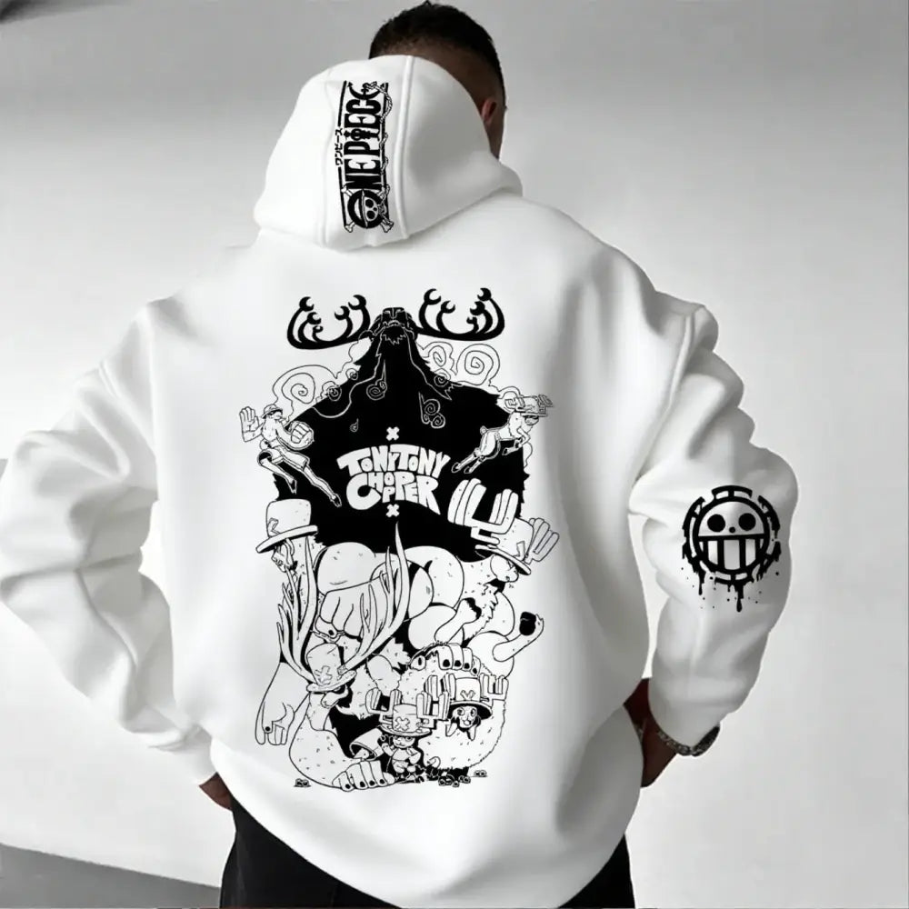 White one piece chopper oversized hoodie with bold black graphic print and straw hat pirates logo on composite fabric hood