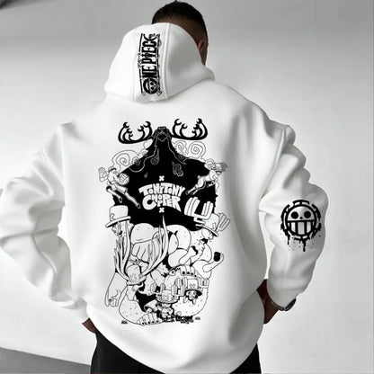 White one piece chopper oversized hoodie with bold black graphic print and straw hat pirates logo on composite fabric hood