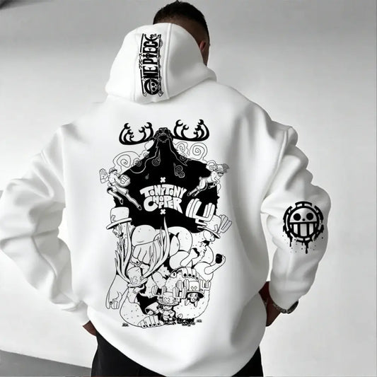 White one piece chopper oversized hoodie with bold black graphic print and straw hat pirates logo on composite fabric hood