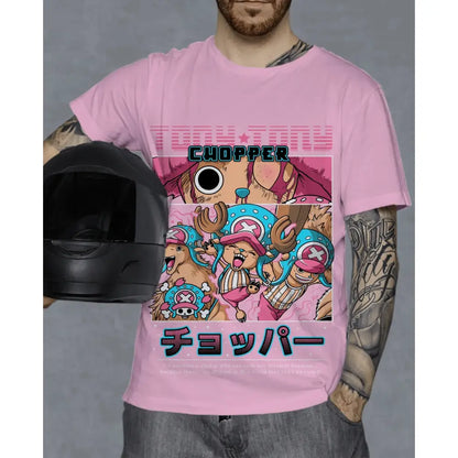 Pink cotton short-sleeved one piece chopper t-shirt with vibrant y2k graphic and bold japanese text on front