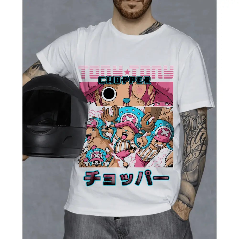 White cotton one piece chopper t-shirt with colorful y2k anime graphic and bold lettering print