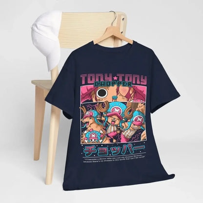 Navy blue cotton one piece chopper y2k t-shirt with vibrant multi-panel graphic and pink teal accents