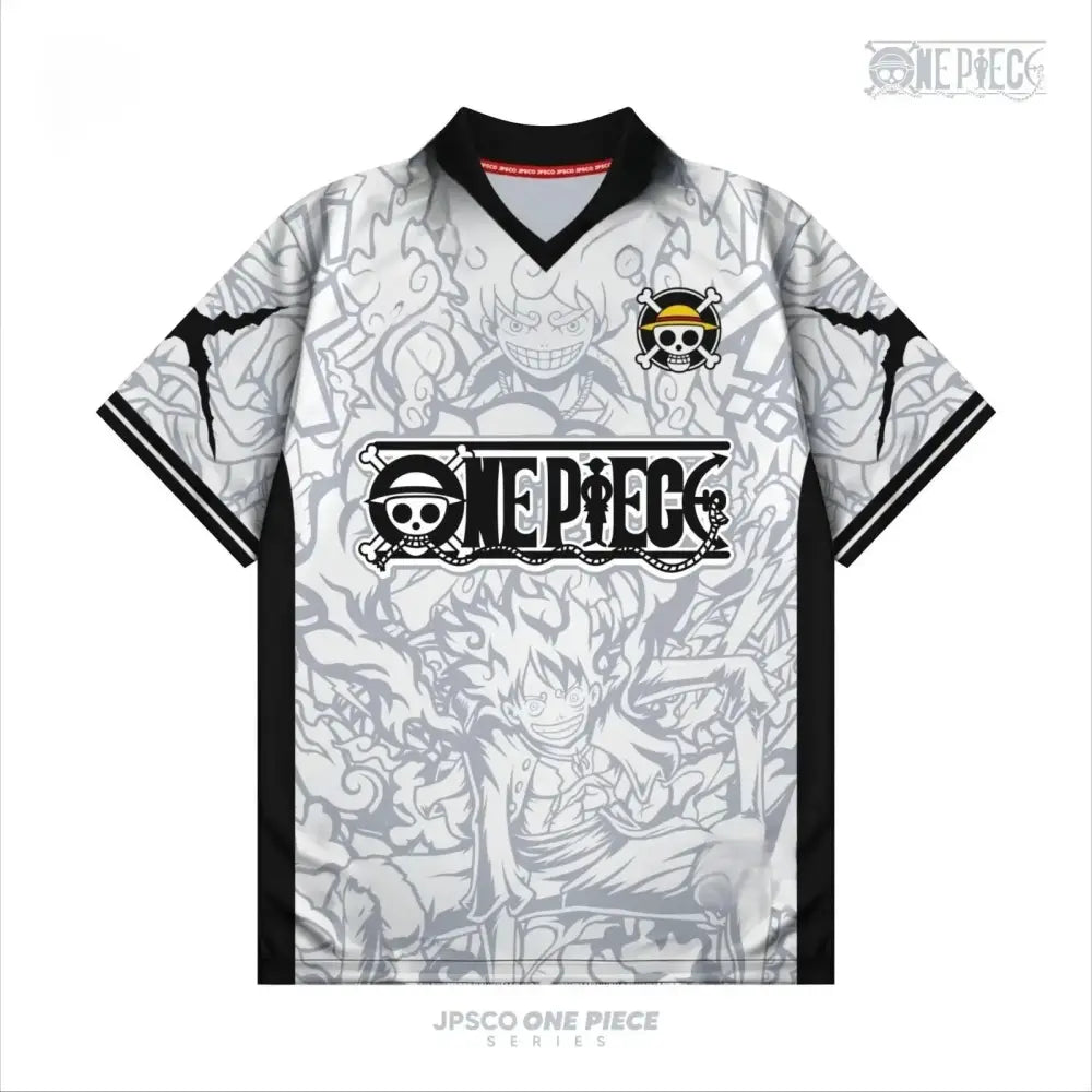 White and black one piece y2k baseball jersey tee with gray line art and jolly roger logo in relaxed fit