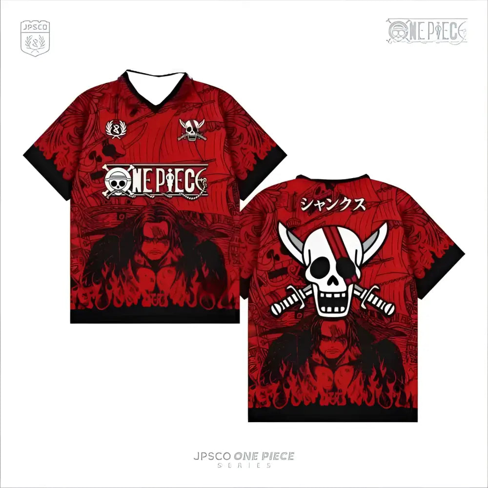 Back view of one piece crew baseball jersey tee featuring red and black y2k style relaxed fit with skull design and japanese text