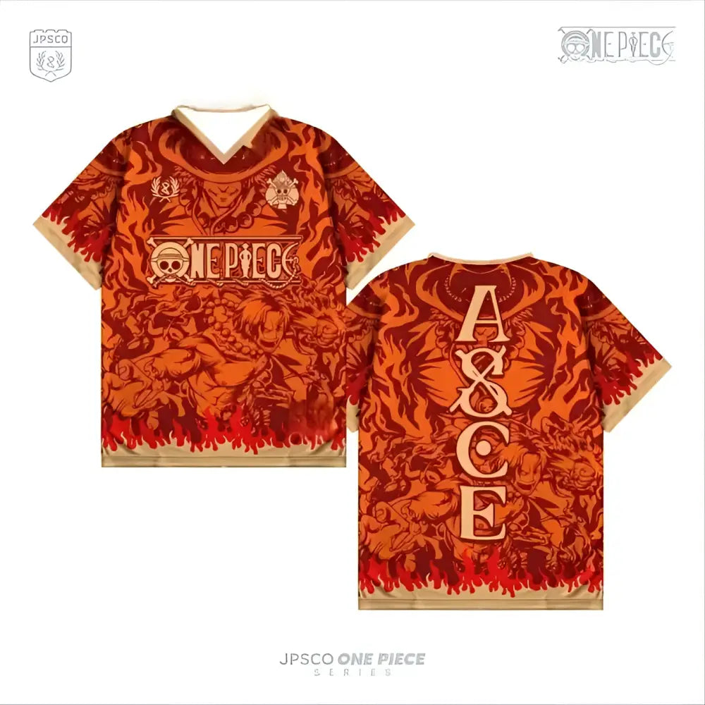 Vibrant orange and red y2k style one piece baseball jersey tee with relaxed fit and intricate flame-patterned design featuring jpsco logo