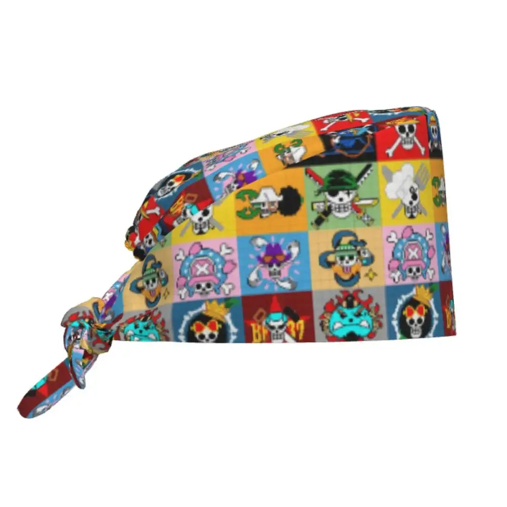 A vibrant multicolored one piece custom scrubs cap with playful cartoon pirate skulls and crossbones design