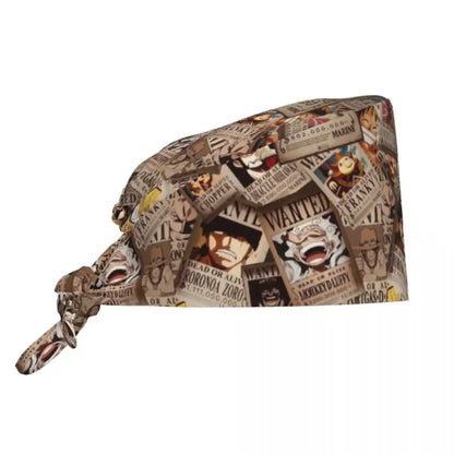 Beige fabric scrubs cap featuring a collage of wanted posters from the one piece anime series surgical hat