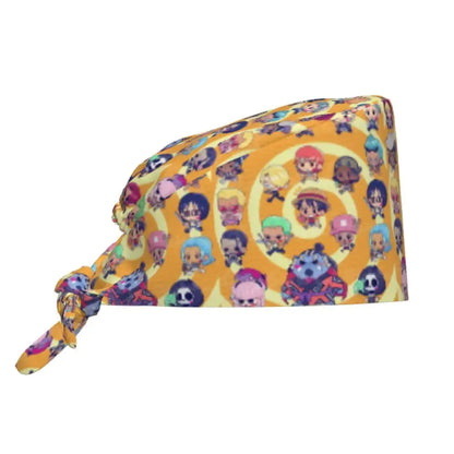 A vibrant yellow one piece custom scrubs cap with colorful chibi anime character pattern for surgical use