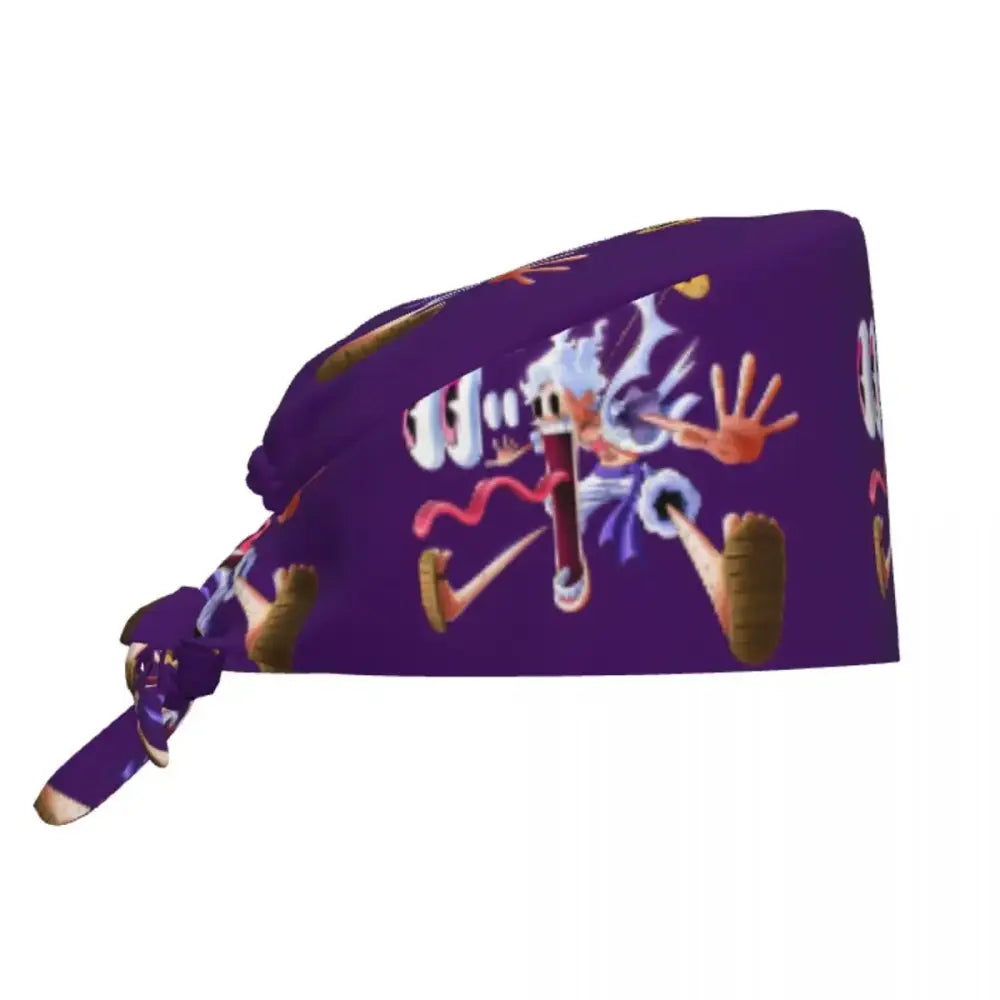 Purple one piece custom scrubs cap with vibrant cartoon character design and bold colorful accents for surgical use