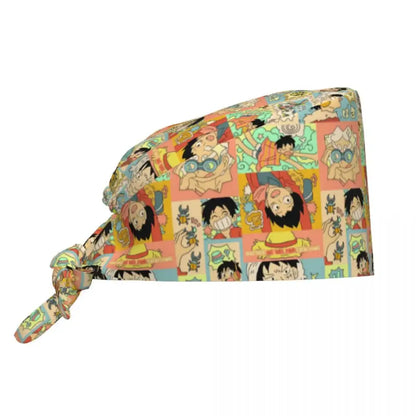 One piece custom scrubs cap with a colorful cartoon character patterned headscarf for surgical use