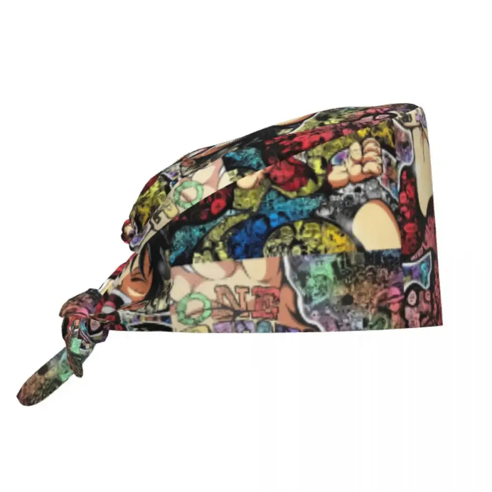 Vibrant graffiti-style printed scrubs cap with bold colorful street art design for surgical use